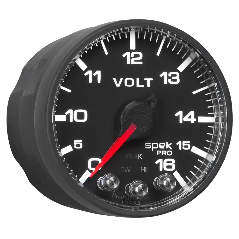 AutoMeter-Voltmeter 2-1/16 Zoll 16V Schrittmotor mit Peak- und Warnfunktion, Schwarz/Schwarz, Spek-Pro
