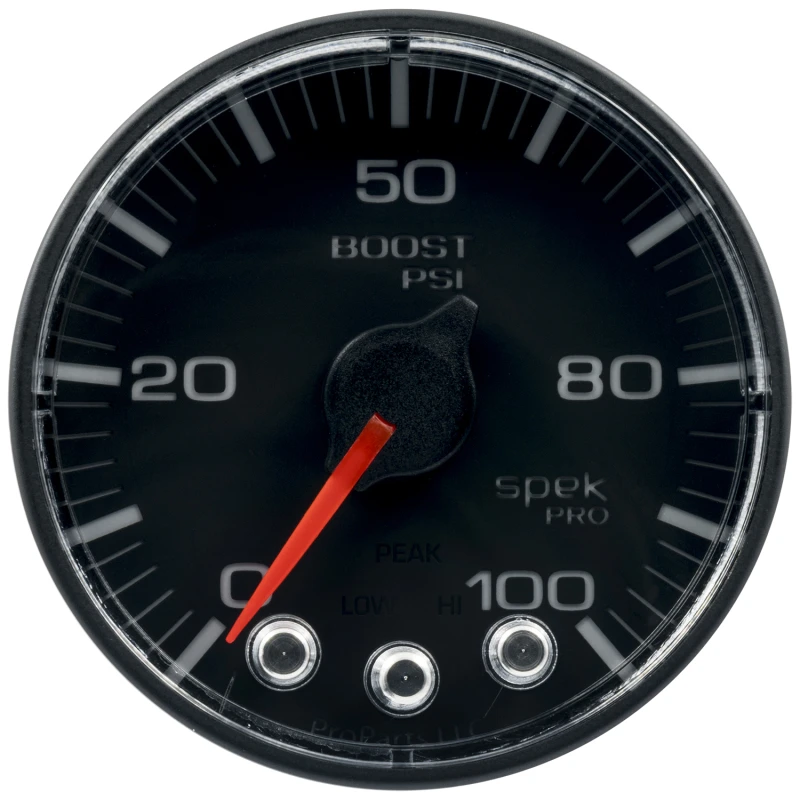 Autometer Spek-Pro Gauge Boost 2 1/16in 100psi Stepper Motor W/Peak & Warn Blk/Blk