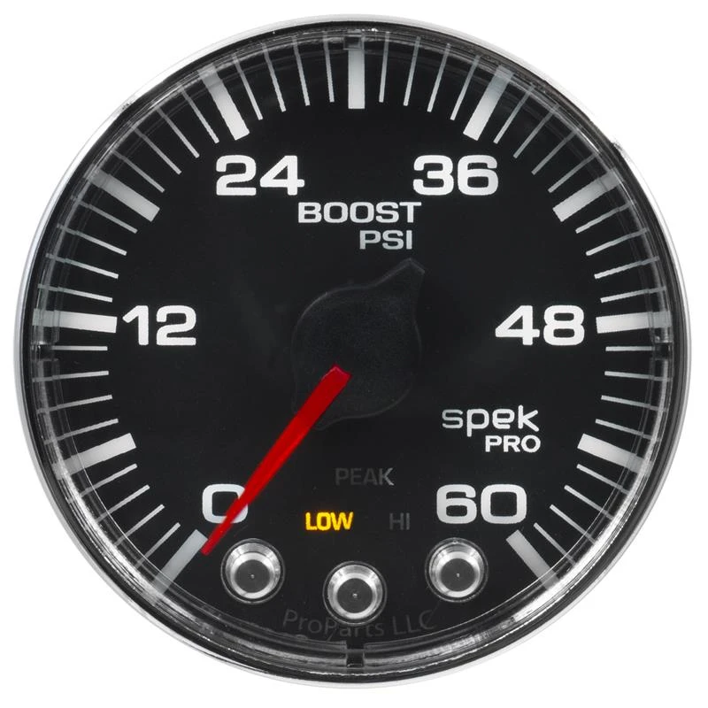 Autometer Spek-Pro-Boostmanometer 2 1/16 Zoll 60psi Schrittmotor mit Peak- und Warnfunktion Schwarz/Chrom