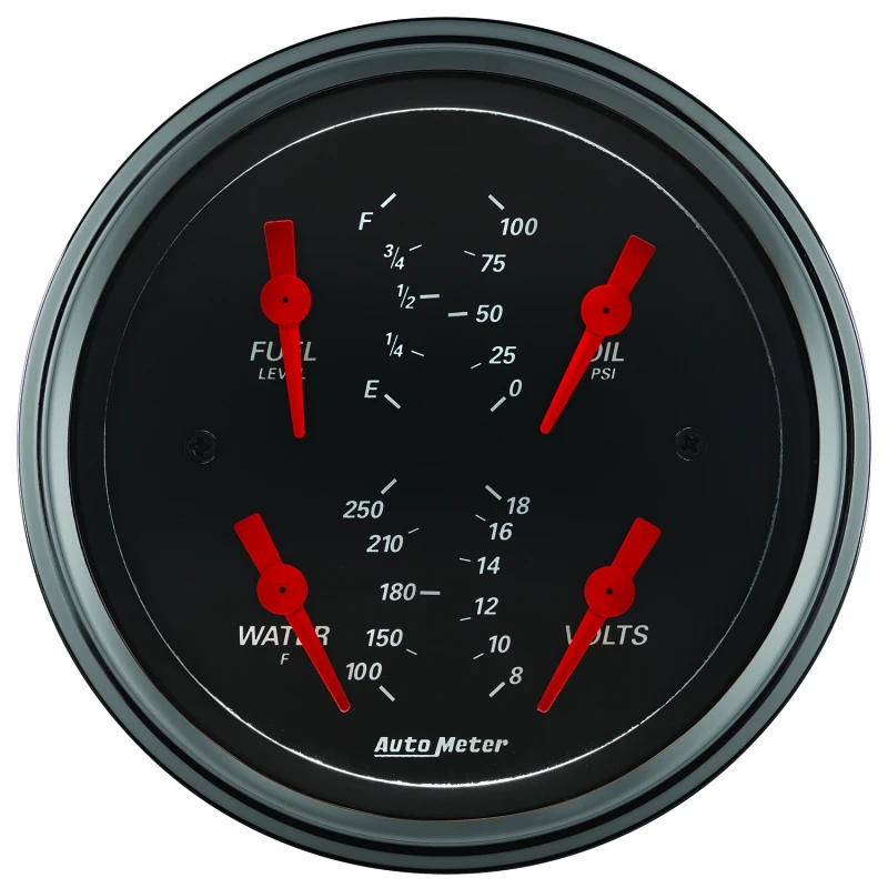 Autometer Designer Black 3.375in Quad Gauge - Fuel Level / Oil Pressure / Water Temp. / Voltmeter