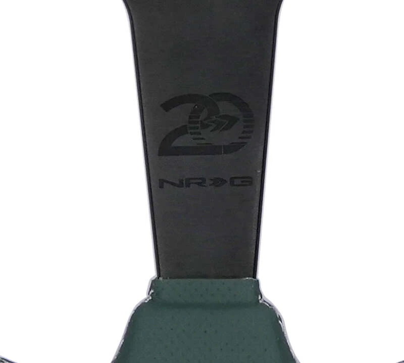 NRG Steering Wheel 1.5in Dish 350mm Black Perforated Leather - Emerald Stitching - Reinforced Spoke