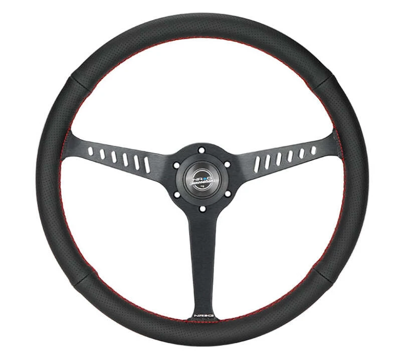 NRG Reinforced Stealth Wheel (380mm) 3 Spoke Center - 1in Deep Dish - Perforated Leather Red Stitch