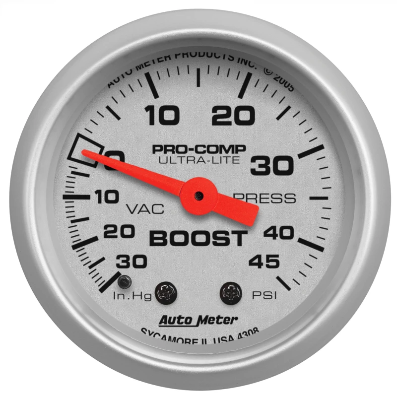 Autometer Ultra-Lite 52mm 30 IN HG/45 PSI Mechanical Boost/Vacuum Gauge