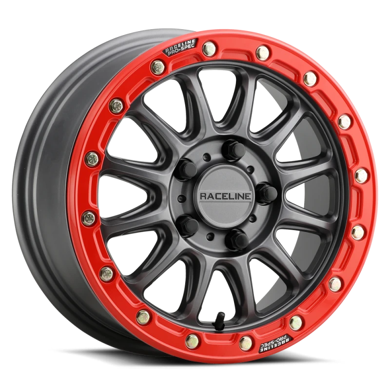 Raceline A14GR Alpha 15x7in/5x114.3 BP/25mm Offset/68mm Bore - Gunmetal & Red Ring Beadlock Wheel