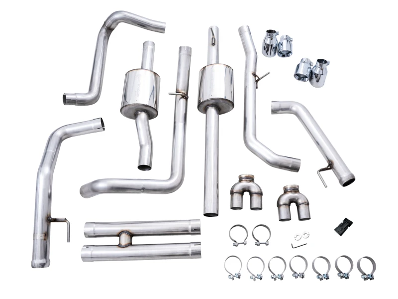 AWE Tuning 22-23 GMC Sierra 1500 AT4X 6.2L 0FG Katbackschalldämpfer Split Dual (Flacher Stoßfänger) - Chrom-Silber-Tipps