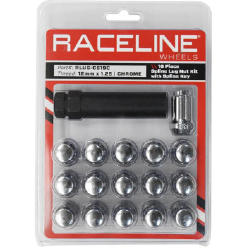 Raceline Spline Lug Nut Kit with Spline Key 12 x 1.25 - 16 Pack - Chrome