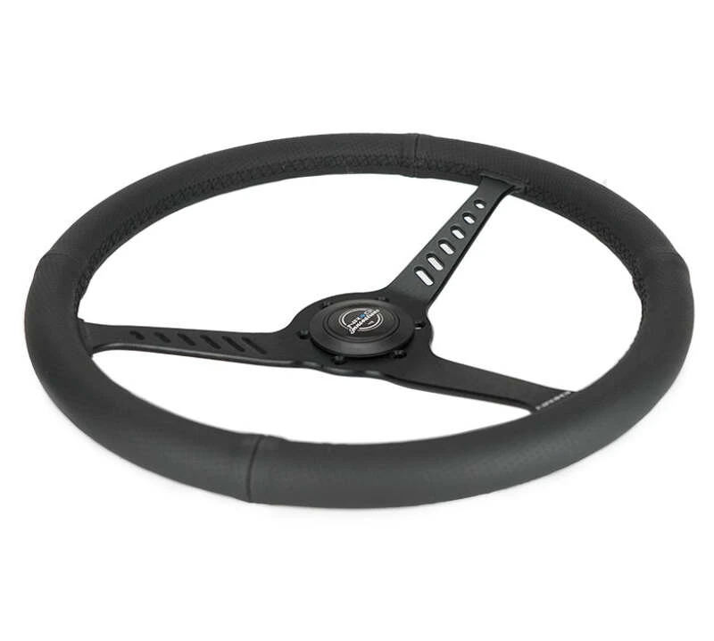NRG Reinforced Stealth Wheel (380mm) 3 Spoke Center 1in Deep Dish - Perforated Leather Black Stitch