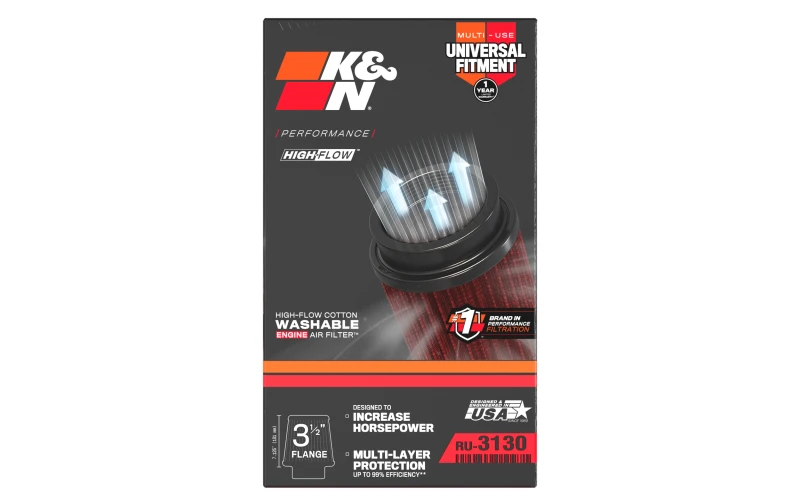 K&N Filter Universal Rubber Filter 3 1/2 inch Flange 4 5/8 inch Base 3 1/2 inch Top 7 inch Height