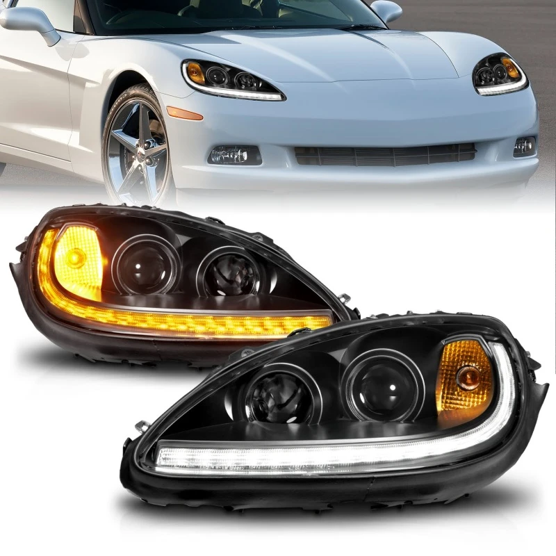ANZO 05-13 Chevrolet Corvette-Projektorscheinwerfer mit Umschaltfunktion und sequenzieller LED - Schwarz Amber