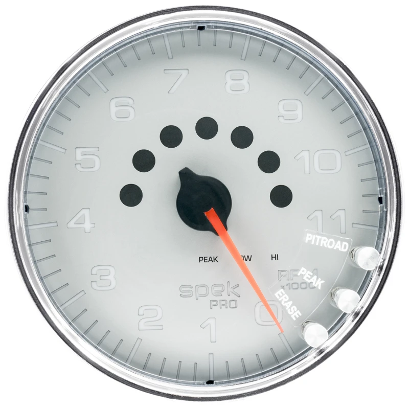 Autometer Spek-Pro Gauge Tachometer 5in 11K Rpm W/Shift Light & Peak Mem Silver/Chrome