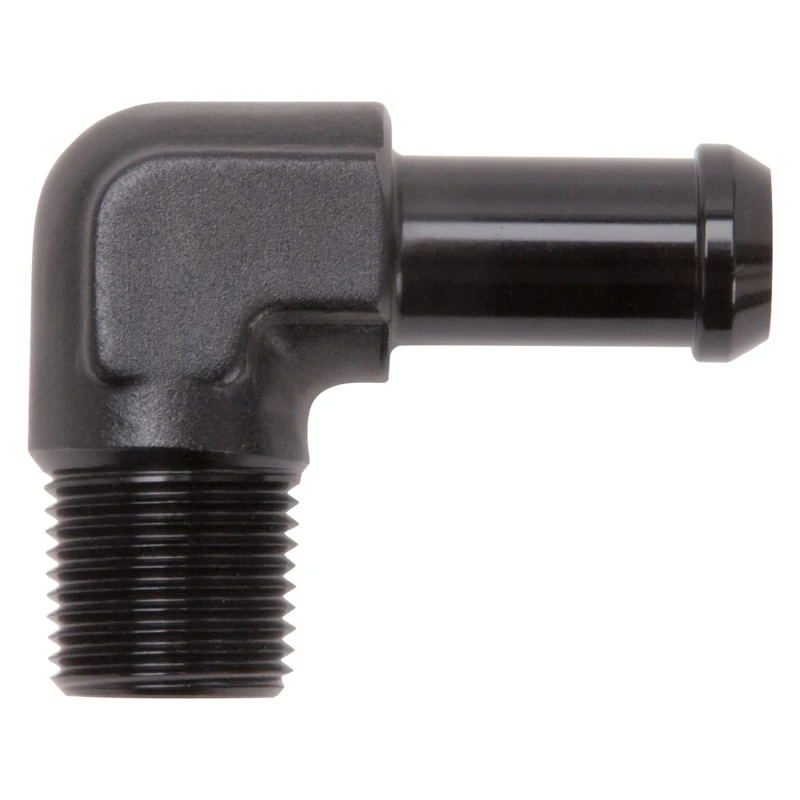 Edelbrock Schlauch-Endstück 90-Grad 3/8 Zoll NPT auf 1/2 Zoll Barb Schwarz eloxiert