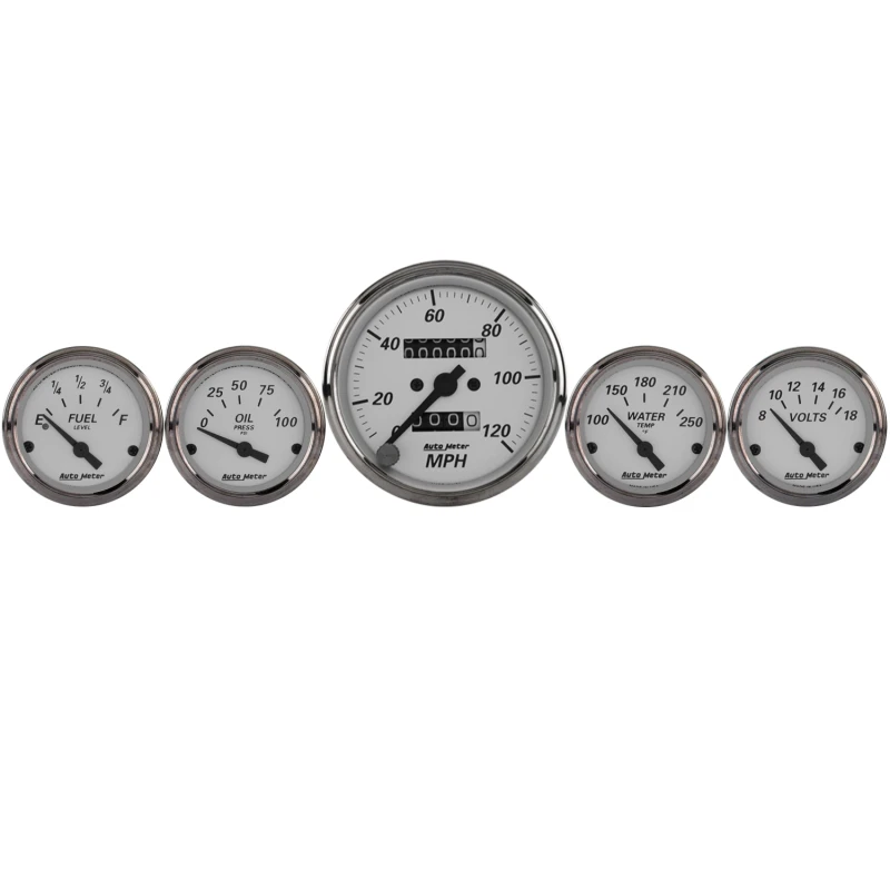 Autometer Silver 5 Pc Kit Box w/ Mech. Speedo / Elec Oil Press / Water Temp / Volt / Fuel Level