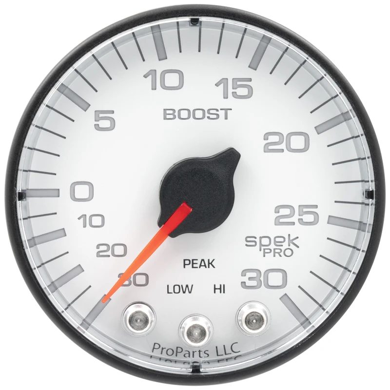 Autometer Spek-Pro Gauge Vac/Boost 2 1/16in 30Inhg-30psi Stepper Motor W/Peak & Warn White/Black