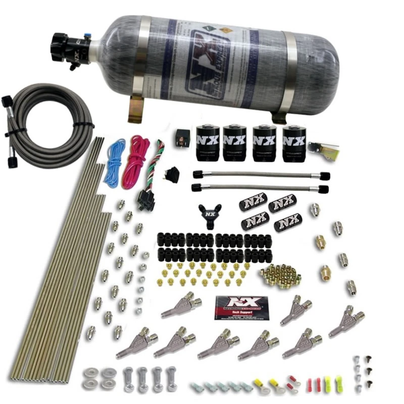 Nitrous Express STD Düsen Nitrous Kit (200-500PS) Gas mit Verteilerblock und 4 Magnetventilen mit 15lb Flasche