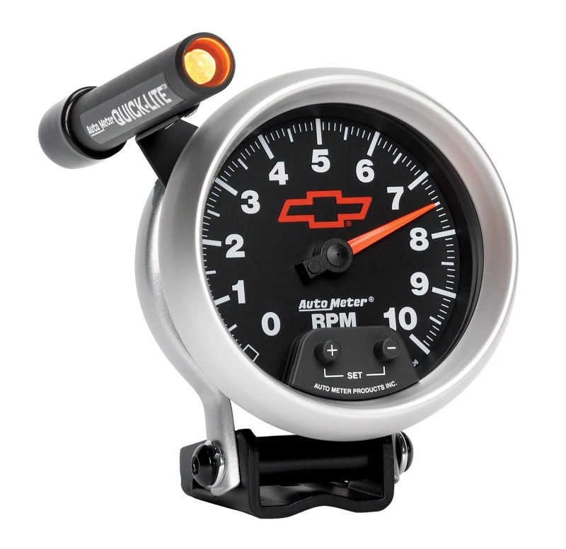 Autometer GM Red Bowtie Black 3-3/4in 0-10000 RPM Sockel-Montage-Tachometer Quick-Lite