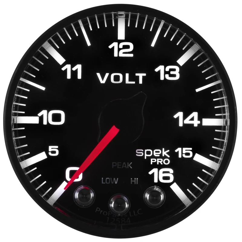 AutoMeter-Voltmeter 2-1/16 Zoll 16V Schrittmotor mit Peak- und Warnfunktion, Schwarz/Schwarz, Spek-Pro