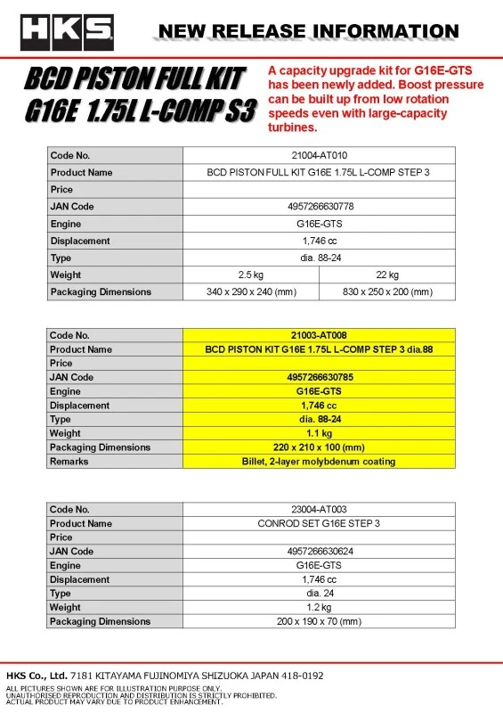HKS BCD Piston Kit G16E 1.75L L-Comp S3 D88