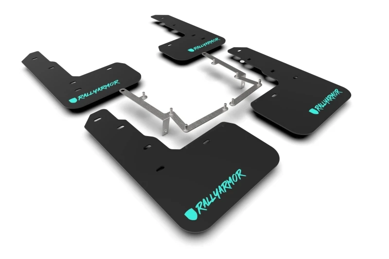 Rally Armor 17-22 Honda Civic Type R Schwarzes UR-Schmutzfänger-Set mit geändertem Schriftzug und Teal-Logo