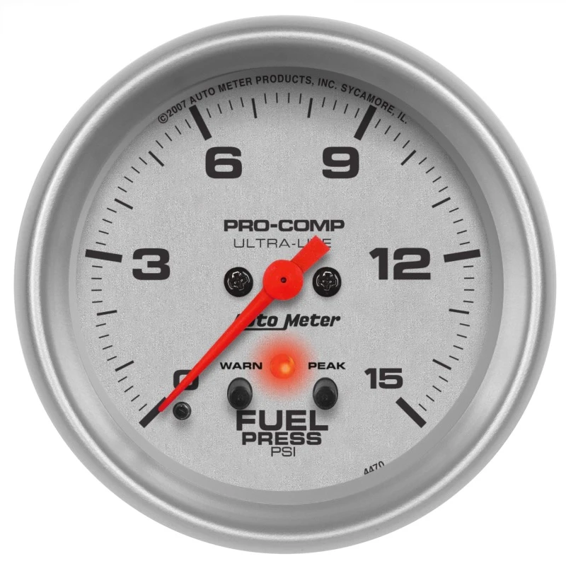 Autometer Ultra-Lite 66.7mm Full Sweep Elec 0-15 PSI Fuel Pressure w/ Peak Memory & Warning Gauge