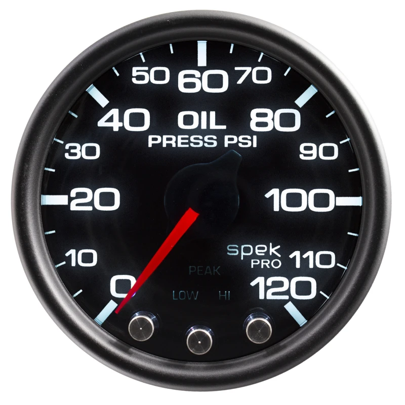 Autometer Spek-Pro Öl-Druck-Anzeige 2 1/16 Zoll 120psi Schrittmotor mit Peak- und Warnfunktion Schwarz/Rauch/Schwarz