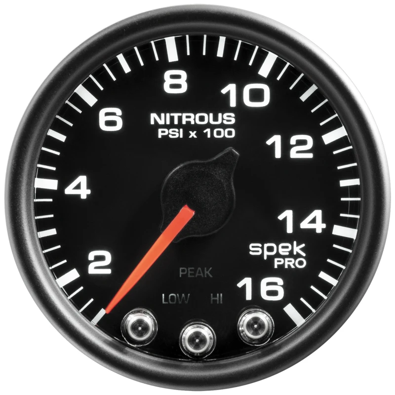 Autometer Spek-Pro-Nitrousdruckanzeige 2 1/16 Zoll 1600psi Schrittmotor mit Peak- und Warnfunktion Schwarz/Schwarz