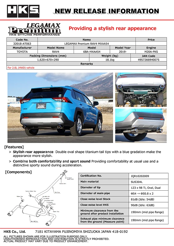 HKS LEGAMAX Premium Auspuffanlage ab Kat für 2019–2021 Toyota RAV4 XLE Premium & Limited