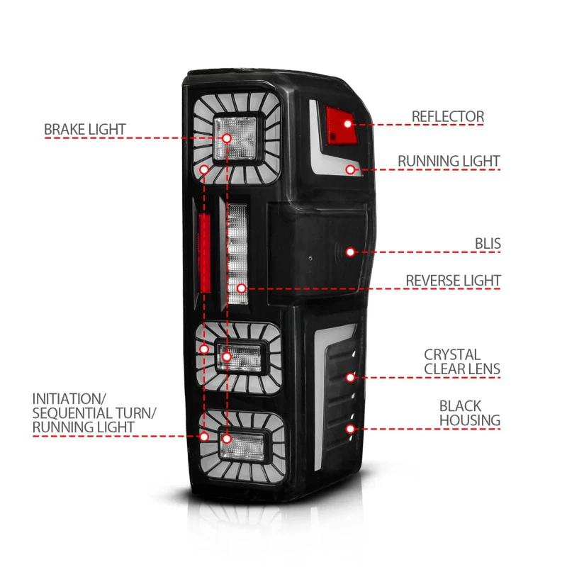 ANZO 23-26 Ford Super Duty LED Tail Light Seq Signal- Black Full- Pair