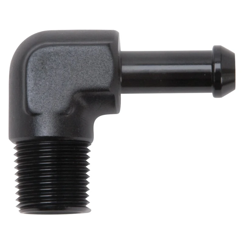 Edelbrock Schlauch-Endstück 90-Grad 3/8 Zoll NPT auf 3/8 Zoll Barb Schwarz eloxiert