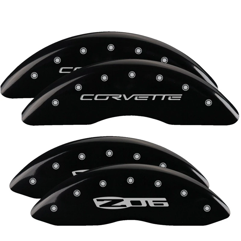 MGP 4 Bremse Caliper Abdeckungen Graviert Vorne C6/Corvette Graviert Hinten C6/Z06 Schwarz Finish Silber