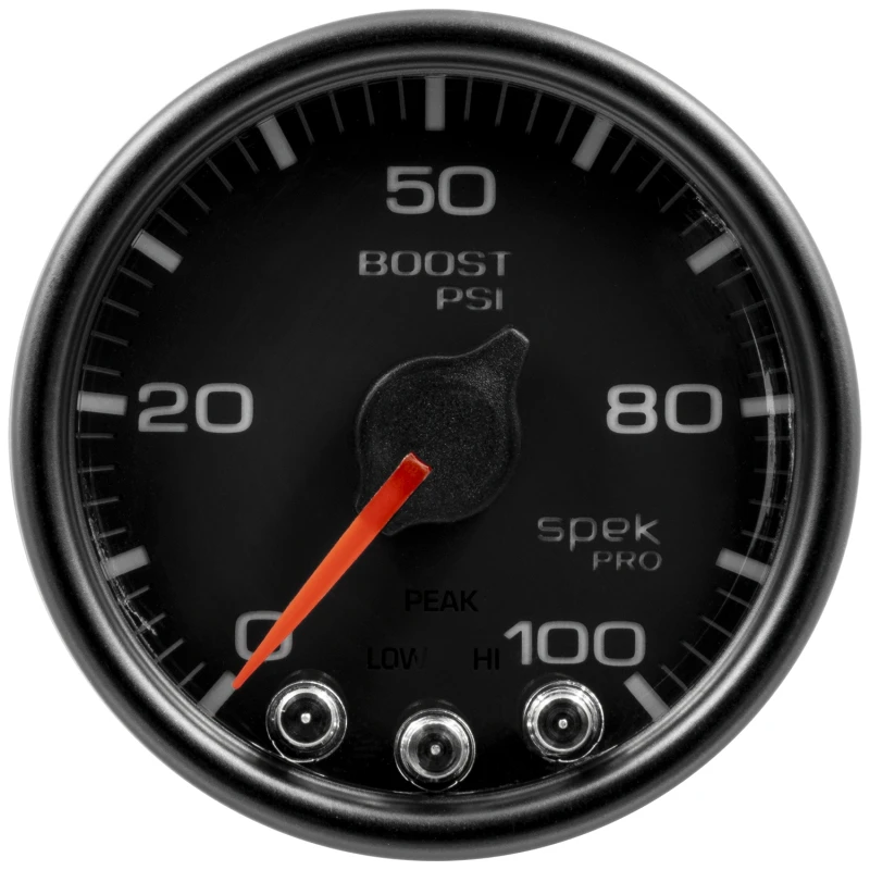 Autometer Spek-Pro Gauge Boost 2 1/16in 100psi Stepper Motor W/Peak & Warn Blk/Blk