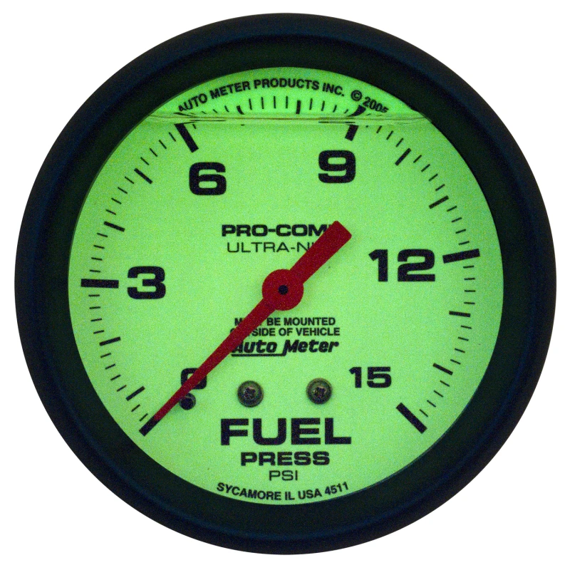 Autometer Ultra-Nite 2-5/8in 15psi Mechanical Glow In The Dark Fuel Pressure Gauge