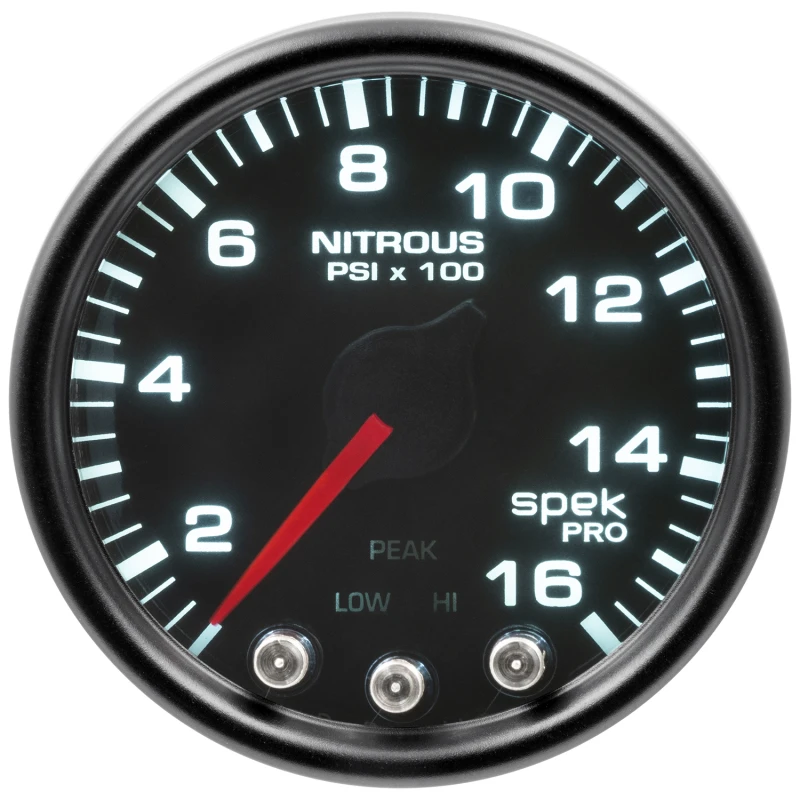 Autometer Spek-Pro-Manometer Nitrous-Druck 2 1/16 Zoll 1600psi Schrittmotor mit Peak- und Warnfunktion Schwarz/Rauch/Schwarz