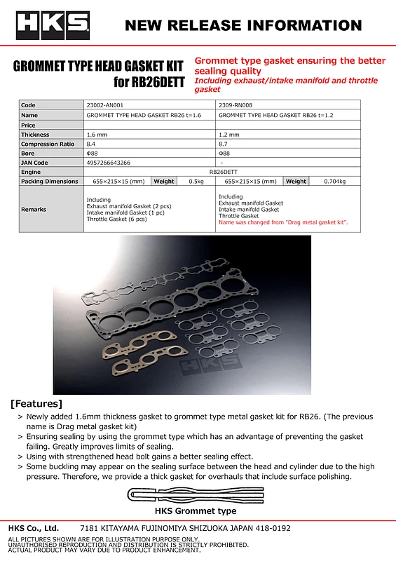 HKS RB26 88mm Bore 1.6mm Thick Grommet Type Head Gasket