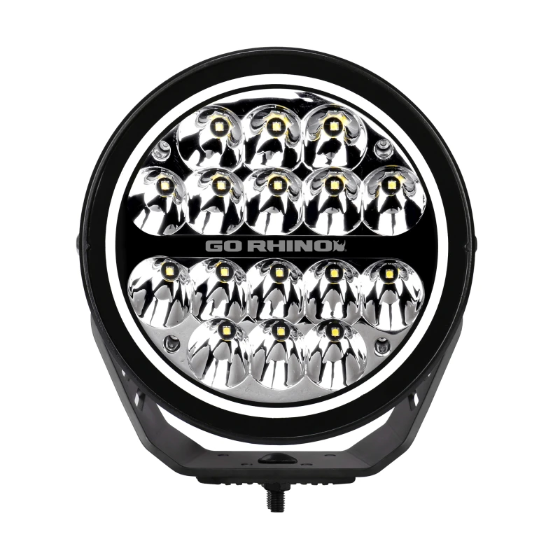Go Rhino Xplor Blackout Series Round LED Spot Light Beam w/DRL (Surface/Thread Stud Mnt) 7in. - Blk