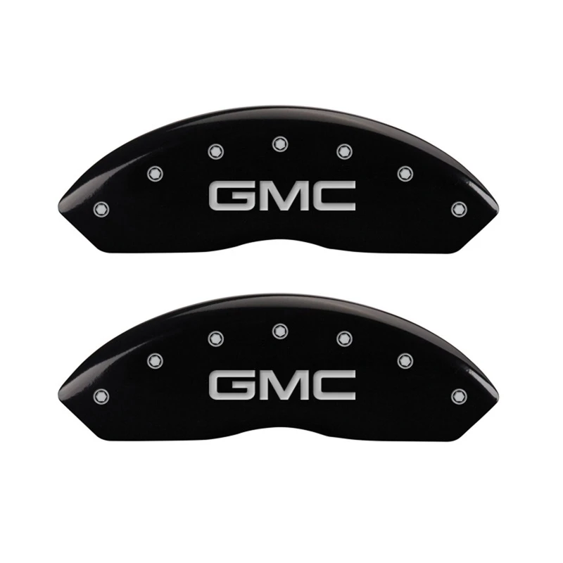 mgp_34012FGMCBK-67974ce4329bc MGP Vordere Satz 2 Bremse Caliper Abdeckungen Graviert Vorne GMC Schwarz Finish Silber