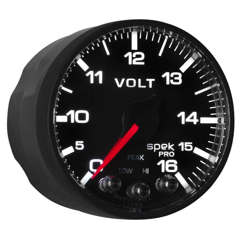 AutoMeter-Voltmeter 2-1/16 Zoll 16V Schrittmotor mit Peak- und Warnfunktion, Schwarz/Schwarz, Spek-Pro