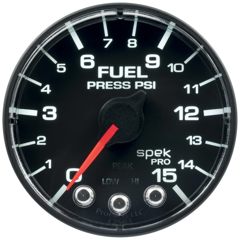 Autometer Spek-Pro-Brennstoffdruckanzeige 2 1/16 Zoll 15psi Schrittmotor mit Peak- und Warnfunktion Schwarz/Schwarz