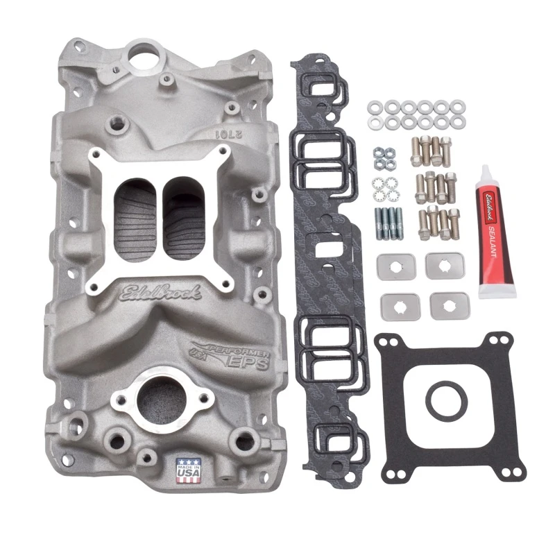 Edelbrock-Ansaugkrümmer mit Installationskit Performer Eps SBC 1957-1986 Naturfinish