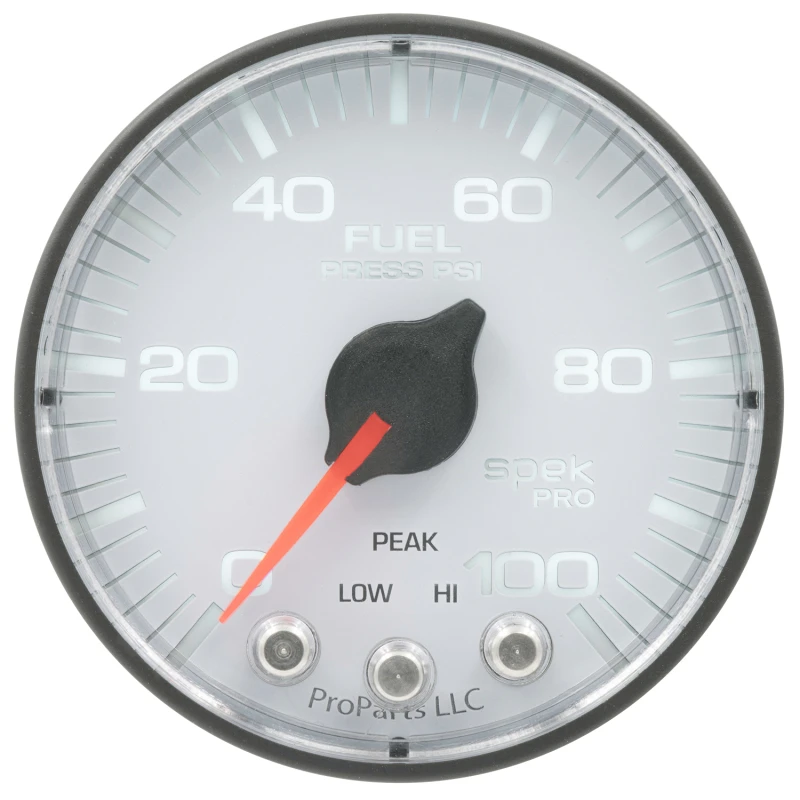 Autometer Spek-Pro Gauge Fuel Press 2 1/16in 100psi Stepper Motor W/Peak & Warn Wht/Blk