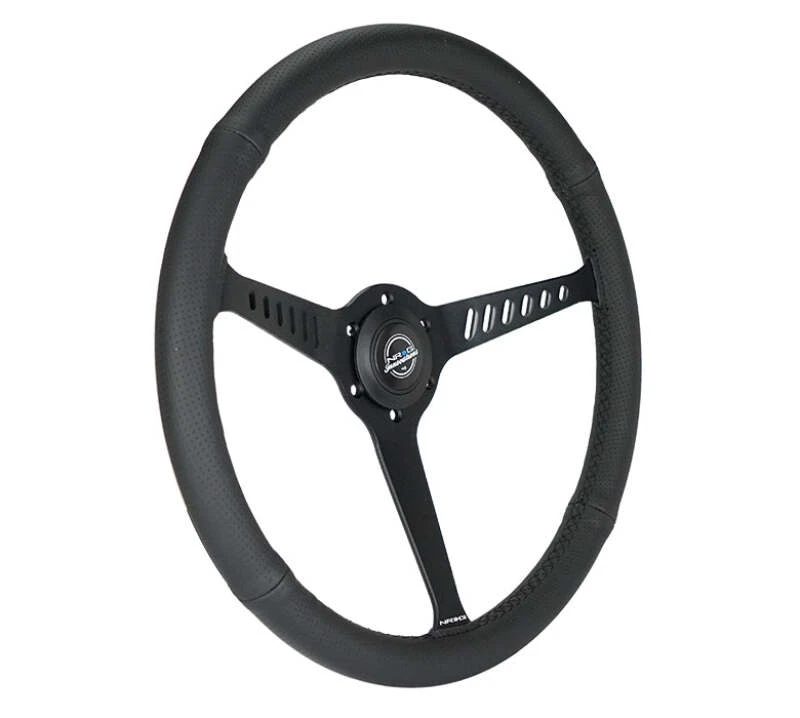 NRG Reinforced Stealth Wheel (380mm) 3 Spoke Center 1in Deep Dish - Perforated Leather Black Stitch