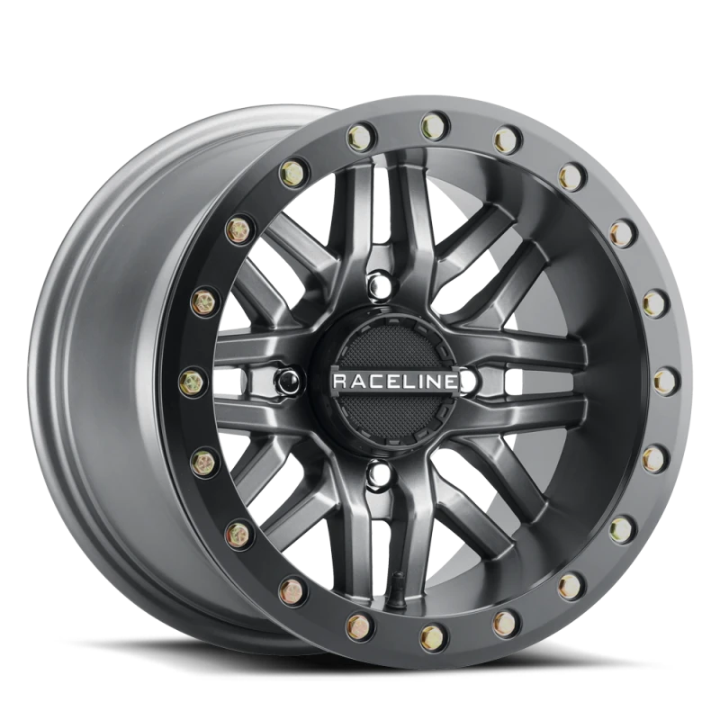 Raceline A91G Ryno 15x7in/4x156 BP/10mm Offset/132.5mm Bore - Gunmetal & Black Ring Beadlock Wheel