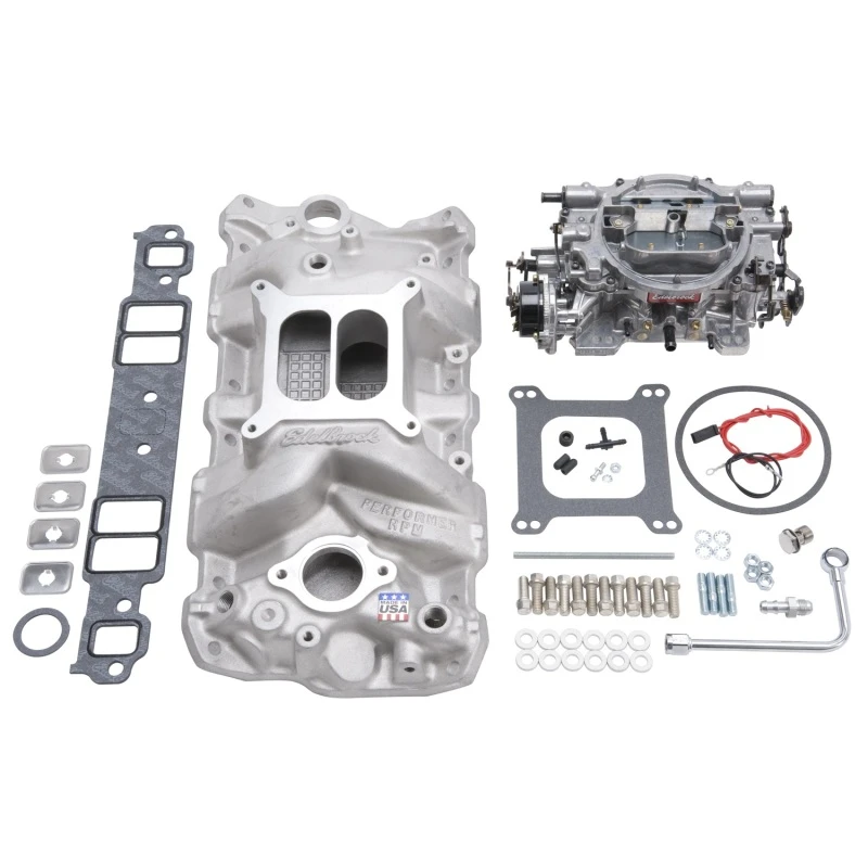 Edelbrock Ansaugkrümmer- und Vergaser-Kit Performer RPM Small Block Chevrolet 1957-1986 Natürliche Oberfläche