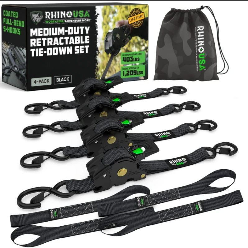 Rhino USA Retractable Ratchet Straps (2Pk 1Inx10Ft) Black