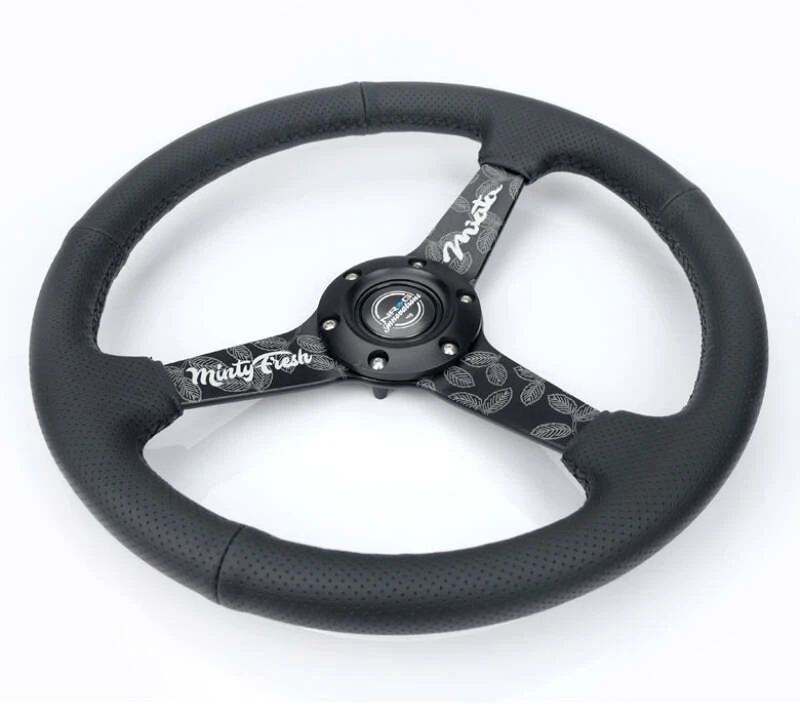 NRG Reinforced Black Perforated Leather Steering Wheel 350mm / 1.5in Deep w/ Goal Digger Blk Stitch
