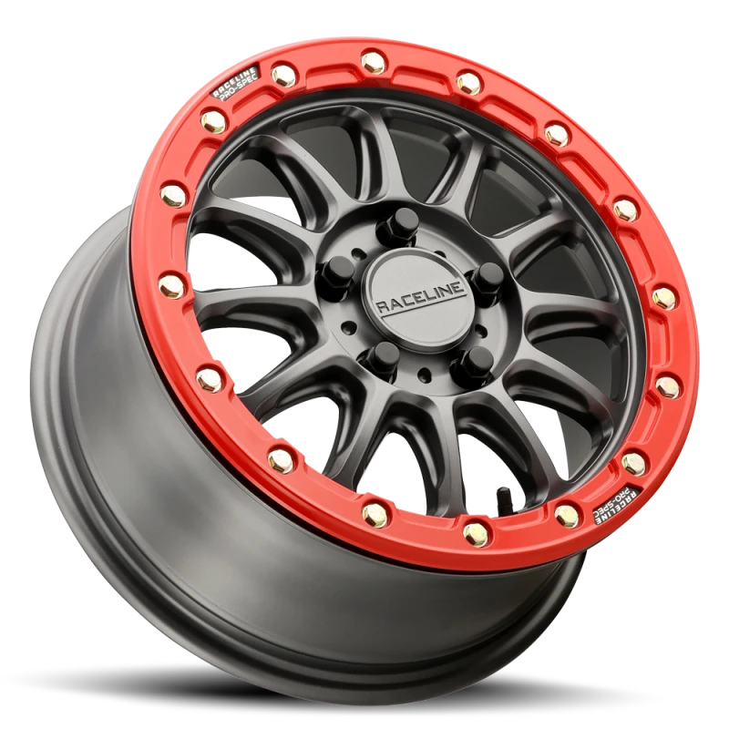 Raceline A14GR Alpha 15x7in/5x114.3 BP/25mm Offset/68mm Bore - Gunmetal & Red Ring Beadlock Wheel