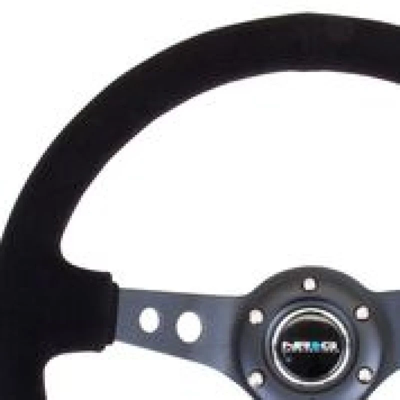 NRG Verstärktes Lenkrad (350mm / 3 Zoll tief) Schwarz Suede/Schwarz Stickerei mit schwarzen Kreisloch-Spokes