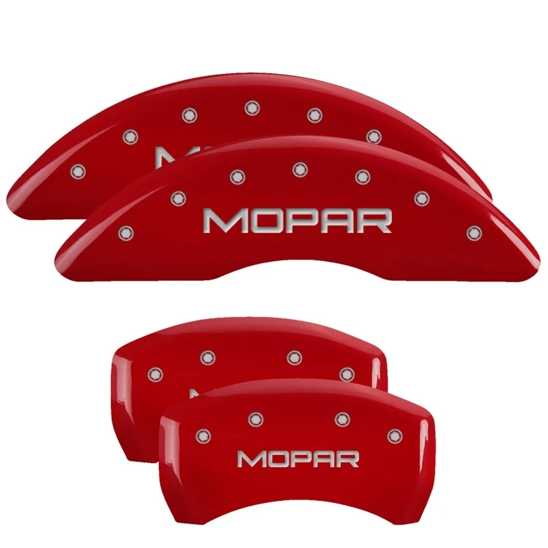 MGP 4 Bremsekolben-Abdeckungen Graviert Vorne & Hinten MOPAR Rot Finish Silber
