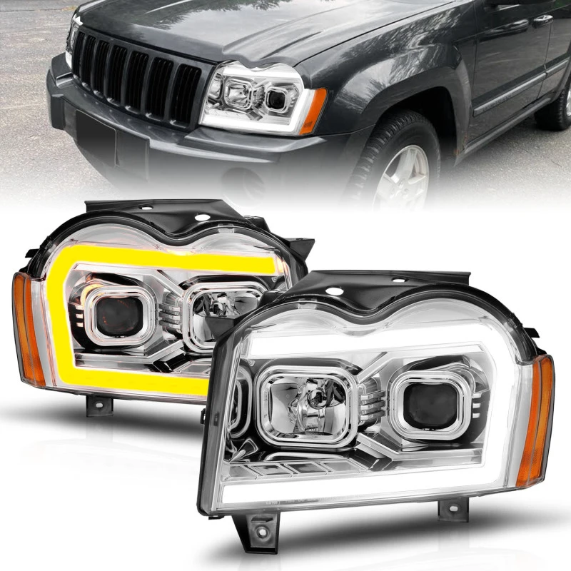 ANZO 05-07 Jeep Grand Cherokee Projektorscheinwerfer - mit Lichtleiste Switchback Chromgehäuse