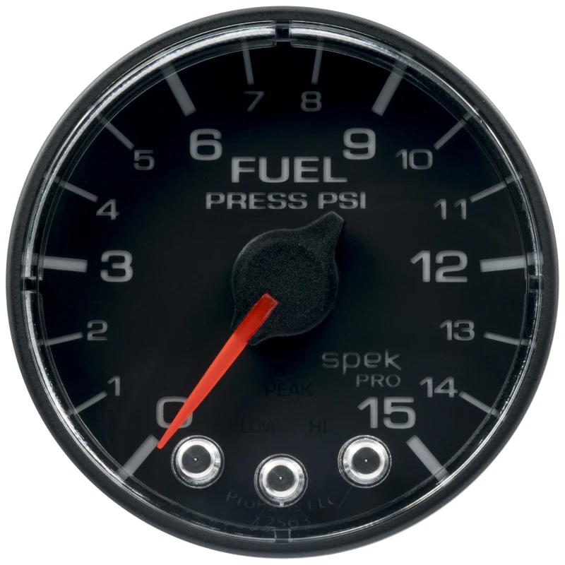 Autometer Spek-Pro-Brennstoffdruckanzeige 2 1/16 Zoll 15psi Schrittmotor mit Peak- und Warnfunktion Schwarz/Schwarz