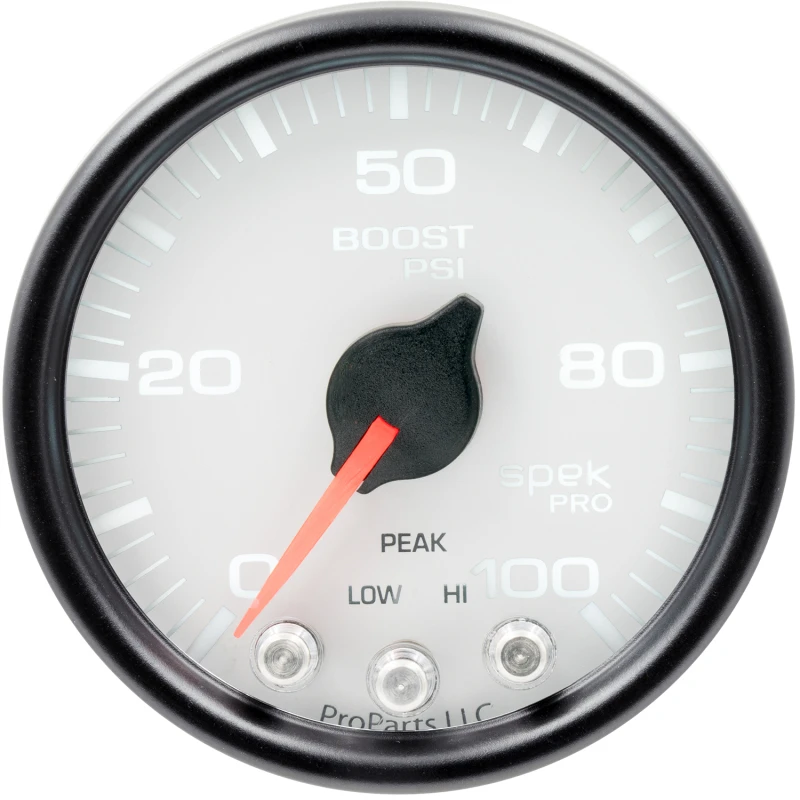 Autometer Spek-Pro Gauge Boost 2 1/16in 100psi Stepper Motor W/Peak & Warn Wht/Blk
